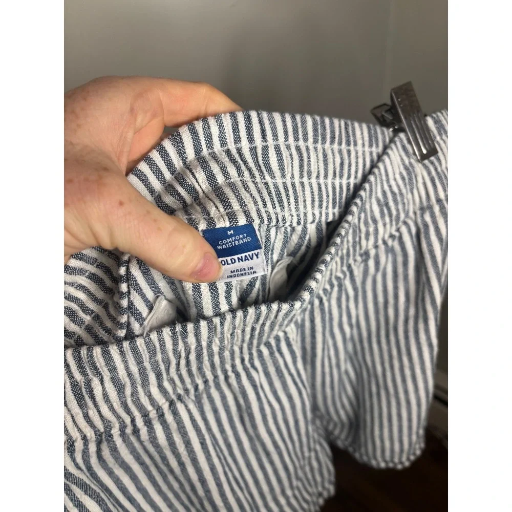 Old Navy Blue White Striped Linen Blend Pull On Shorts Medium Coastal